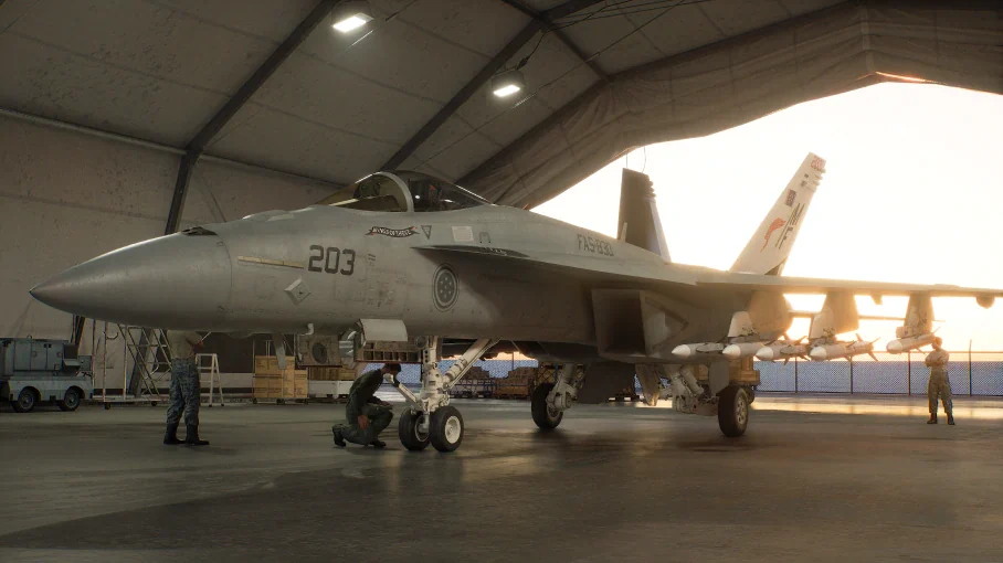 A fighter jet in a sunlit hangar in Ace Combat 8